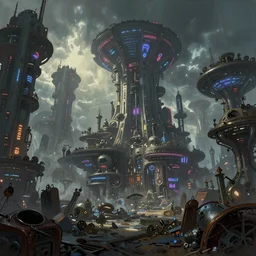 beautiful low angle painting of an alien world with beautiful buildings and technology, steampunk, junk on the ground, neon lights,, moody atmosphere, epic composition, dramatic lighting, trending on artstation, octane render, by robert zemeckis