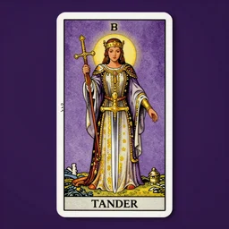 tarot card, queen of swords, purple air, leader attitude, golden ornaments, golden number, highly detailed, high resolution, 8 k,