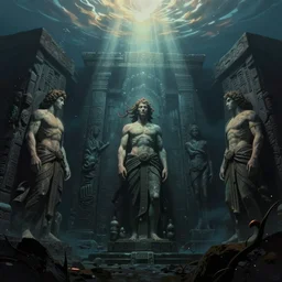 low ultrawide shot, dark, underwater men statues, submerged pre - incan temple with carvings, abyss, stylized, anime style mixed with fujifilm, detailed gouache paintings, crepuscular rays, dark, murky, foggy, atmospheric, nicola samori, albert bierstadt, frederic edwin church, beksinski, wayne barlowe's inferno