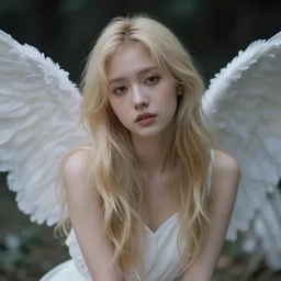 very pretty blond female angel, shallow depth of field, moody lighting, 8 k, concept art, 2 0 mm lens,