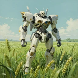 a vast fairy - tale muted vaporwave painting of an imposing skullpunk mecha in a healthy wheat field ready for the harvest, blades green and tall, stalks vibrant, alive with energy. by greg rutkowski, hayao miyazaki, studio ghibli smooth concept art, 4 k matte thomas kinkade, ted nasmith, key art, artstation, alphonse mucha, incredible amazingly beautiful oil painting
