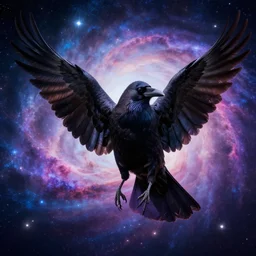 portrait from a crow, feathers, bird, avian, wings, synthwave, universe background, nebula, galaxy, artstation