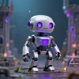 portrait of a tiny robot with purple lights, professional photo, hdr, bokeh, sci fi, tiny castle, fantasy