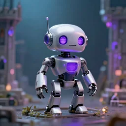 portrait of a tiny robot with purple lights, professional photo, hdr, bokeh, sci fi, tiny castle, fantasy