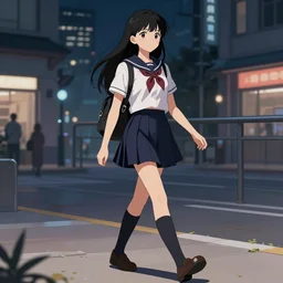 school girl walking on the city at night, school uniform, seifuku, pleated miniskirt, overknee socks, battle angel alita. by rembrandt 1 6 6 7, illustration, by konstantin razumov