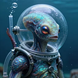 marine alien by karol bak, with intricate fish skin patterns, iridescent eyes, glass bubble helmet, escaping air bubbles, glass life support tubes, detailed!, very sharp!!!