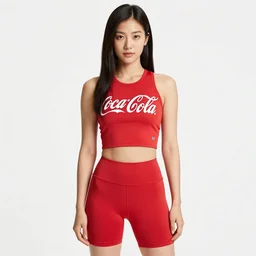 suzu Hirose wearing crop red Coca Cola gym top with white Lettering, cropped red yoga short, white background, advertising photograph by Mario Testino, masterwork