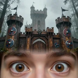 first-person view at the level of human eyes, a wooden castle with towers and gates in the woods, round Viking shields hanging on the walls, black flags on the towers, warhammer 40k,medium details, blurry, 8k, ArtStation, dark fantasy art, fog, rain, by Lucas Staniec