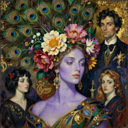 dynamic composition, a painting of a woman with hair of flowers and peacock plummage, with lavender skin, wearing ornate earrings, a surrealist painting by tom bagshaw and jacek yerga and tamara de lempicka and jesse king, featured on cgsociety, pop surrealism, surrealist, dramatic lighting, wiccan, pre - raphaelite, ornate gilded details