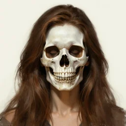 a portrait of an woman with a skull face and long brown hair, highly detailed, centered, digital painting, artstation, concept art, donato giancola, Joseph Christian Leyendecker, WLOP, Boris Vallejo, Breathtaking