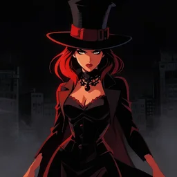 cell shaded, portrait of a woman magician performer, dark background, dramatic bold lighting, solid colors and blacks, thick lines, dark shadows, sharp edges, artstation, photoshop, trending, grunge, high contrast, comic, graphic novel, dark background, digital 2 d, artstation, marcin sobon, city of mist
