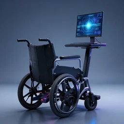 a cyberpunk electric wheelchair with a computer stand