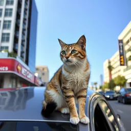 a cat over a car in downtown los angeles