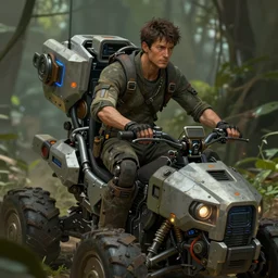 a concept art illustration, portrait, close up shot, a man riding a mechanical vehicle biome, scifi, undergrowth, style by dylan cole and feng zhu and wlop, unreal engine, trending in artstation, octane render