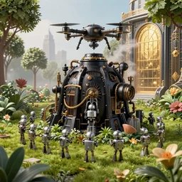 a painting of tiny robot drone drone worahipping an overgrown derelic machine, steampunk, art nouveau, black monolith, garden, park, leaves, plants, flowers, trees, steel architecture, large windows, gold, steam, fog in distance, beautiful 3 d rendering, octane render, trending on artsstation