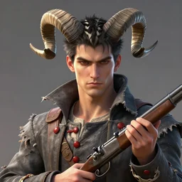 game concept art handsome tall man with large curved imp horns on a head, black and white striped short hair, tattered slate gray collared coat with red buttons, holding old musket, art by charles liu, closeup shot, fantasy style, soft lighting, vibrant color scheme, ultra detailed, volumetric lighting, octane render, portrait, commission art, 8 k wallpaper