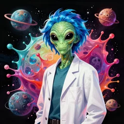 rick sanchez with blue hair, white lab coat on alien planet by josan gonzalez splash art graphic design color splash high contrasting art, fantasy, highly detailed, art by greg rutkowski