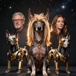 a beautiful ultradetailed fine art photo of an ancient aztec hairless dog breed set against starry space, by tom bagshaw and anna dittman, portrait, soft backlighting, vignette, 5 0 mm lens, golden ratio composition, detailed faces, studio lighting, very detailed, industrial mechanical robot dogs, artstation, 8 k, highly coherent