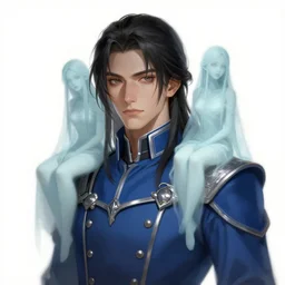 kaladin stormblessed. young men with shoulder length hair. blue uniform. portrait. ghostly fairy women sitting on his shoulder. highly detailed, sharp focus, illustration, concept art, character design