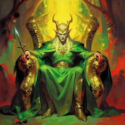 elvenking, by frank frazetta, fey throneroom, vibrant colors, green red yellow
