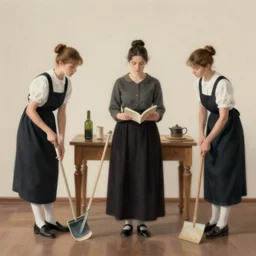 two servants cleaning up after their mistress, feminine, Balthus