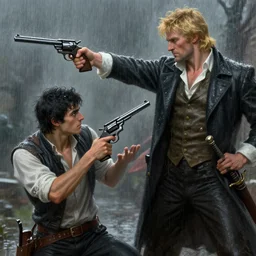 fight between a young man with black hair and a tall blond man armed with a revolver, raining, highly detailed, digital painting, artstation, concept art, smooth, sharp focus, illustration, art by artgerm and greg rutkowski and alphonse mucha