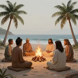 buddha gandhi and jesus sitting in a circle around a campfire at the beach with palm trees in the back, gloom haven, matte painting concept art, art nouveau, beautifully backlit, swirly vibrant color lines, fantastically gaudy, aesthetic octane render, 8 k hd resolution, hyper realistic, focused, extreme details, masterpiece