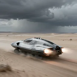 concept design of a high speed hovercraft racing through a grey desert, storm clouds in the background, soft natural lighting natural colors, sci - fi vehicle, bright propulsion, motion blur, by sid mead simon stalenhag and james gurney, intricate detail, octane render, unreal engine