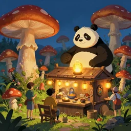 slavic tavern. big mushrooms, big panda, glowing lights, epic fantasy, colorfully, digital art, highly saturated colors, concept art, detailed illustration, hd, 4 k, digital art, greg rutkowski, dan mumford, studio ghibli trending on artstation