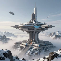 monolithic sci-fi structure stretching into the atmosphere perched atop a large mountain with snowy terrain as cargo space freighters export precious ore in the early morning mist, trending on artstation