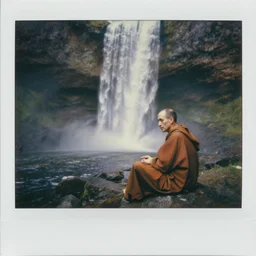 by steve hanks, by serov valentin, by lisa yuskavage, by andrei tarkovsky, by terrence malick focused monk sits near waterfall, polaroid, vintage, soft lights, foggy, oil on canvas