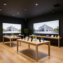 A flagship Samsung store. black walls. timber floor. high ceilings with spots. wood  furniture with large digital screen. display tables with phones and tablets, pots with plants, large digital screens on the walls, Architectural photography. 14mm. High Res 8K. award winning architectural design, Japandi Style, warm and happy, inviting