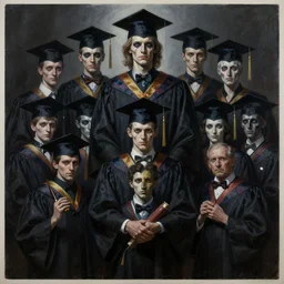 painting of graduates of the faculty of computational mathematics and cybernetics, grim - lighting, high - contrast, intricate, elegant, highly detailed, centered, digital painting, artstation, concept art, smooth, sharp focus, illustration, artgerm, tomasz alen kopera, peter mohrbacher, donato giancola, joseph christian leyendecker, wlop, boris vallejo