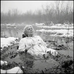movie still by tarkovsky of a frozen elder woman in a dirty white dress drowned in a swamp with snow, cinestill 8 0 0 t 3 5 mm black and white, heavy grain, high quality, muddy, foggy