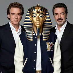 A pharaoh wearing a varsity jacket, portrait, by Mario Testino, Stephane Sednaoui, Dario Argento