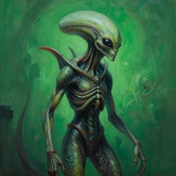 a painting of a alien creature with a green background, an ultrafine detailed painting by h. r. giger, artstation, space art, reimagined by industrial light and magic, # vfxfriday, cosmic horror