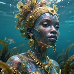 hyperrealistic full body! very expressive! translucent!! african goddess, cinematic underwater scene with fish and algae, gold jewerly, highly detailed face, digital art masterpiece, smooth eric zener cam de leon, dramatic pearlescent turquoise light on one side, low angle uhd 8 k, shallow depth of field