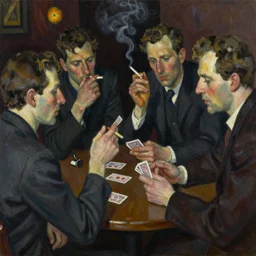 oil painting in the style of john craxton. people talking in the shadows of jazz club. seated figure hands on table. strong expressions on faces. smoke. holding cigarettes. playing cards. scratch. strong lighting. brush. single flower. in the style of ivon hitchins. looking. cheekbones.. line drawing.