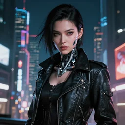 portrait of a beautiful cyborg woman, leather jacket, at futuristic cyberpunk tokyo night, sci - fi and fantasy, intricate and very very very beautiful, highly detailed, digital painting, artstation, concept art, smooth and sharp focus, illustration, art by tian zi and wlop and alphonse mucha