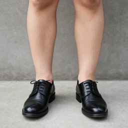legs of chubby business man wearing shiny black shoes, ground level view,