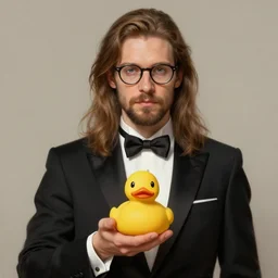 a german very long light brown hair guy with glasses and stubble beard on a tuxedo holding a rubber duck!, trade offer meme, art by greg rutkowski, intricate, elegant, sharp focus, digital painting, concept art, matte, art by artgerm
