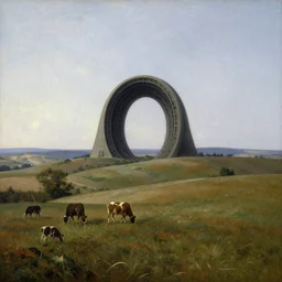 intergalactic stargate portal in the middle of a quiet countryside, with rolling hills and peaceful grazing animals in the foreground by isaac levitan and filippino lippi