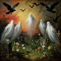 'Life from death' An aesthetic horror baroque painting depicting 'A graveyard with plants and flowers growing, ghosts + bats and crows  flying around' by Jan Brueghel the Elder, Trending on cgsociety artstation, 8k, masterpiece, cinematic lighting, vibrant colors.
