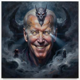 abstract painting of giant Joe Biden smiling evil emperor of the world emerging in dark clouds, Sidious, noxious, cosmic horror, evil, dangerous, trending on ArtStation, masterpiece, by Greg Rutkowski, by Ross Tran, by Fenghua Zhong, octane, lightbeam eyes, soft render, clear facial features, oil on canvas, moody lighting, cinematic, professional environment concept art
