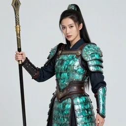 photo of a real-life beautiful warrior with malachite armour
