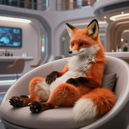 anthropomorphic, furry, anthro, fox lounging in a futuristic hotel, film scene