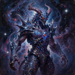 beautiful oil painting with high detail of a interstellar demon made of stars and plasma, hybrid from dungeons and dragons and art direction by James Cameron ;by artgerm; wayne reynolds art station; Drew Struzan movie poster. cinematic quality character render; low angle; ultra high quality model; production quality cinema model;