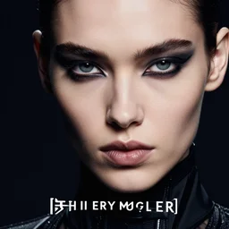 close up of face from a fashion model with black Thierry Mugler dress in cyberpunk style, official Thierry Mugler editorial,  fall-winter 2015-2016, highly detailed