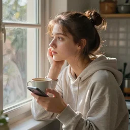 it's morning in the kitchen. a lazy melancholic young woman with double buns hairstyle is looking outside the window while holding a cup in one hand and a smartphone in the other hand. she's wearing a cozy hoodie. sunlight is beautifully lighting the face. depth of field, in the sun, backlit, closeup, oil on canvas, art by monet 1 9 2 1, in the style of le promenade, smooth, impressionism, impressionnisme, 2 k