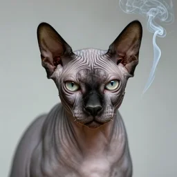 photographic portrait of a wrinkly sad max ernst hairless cat, editorial, spiraling cigarette smoke